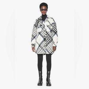 NWT Anine Bing Oakley Brushed Flannel Jacket White Black Tartan Plaid Size L